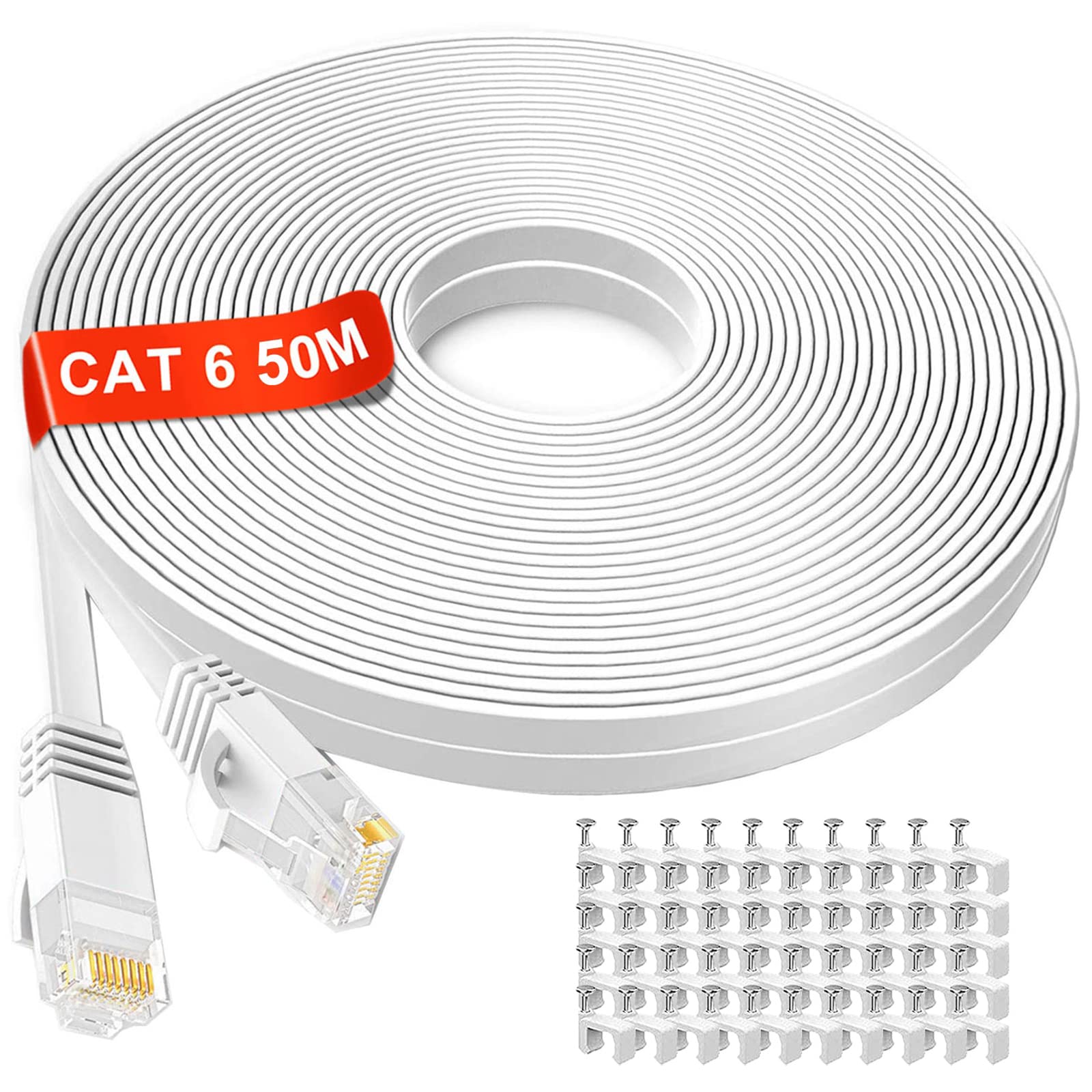 Cat 6 Ethernet Cable 50m, Long Internet Cable 50m High Speed 10/100/1000Mbps, Flat Gigabit RJ45 Network LAN Cable Outdoor & Indoor, Pure Copper Core Broadband Patch Cord for Router Modem (50 Clips)