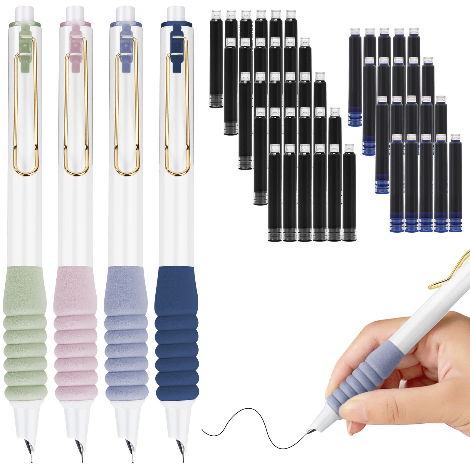 AUAUY Retractable Fountaining Pen 4PCS Press Refillable Ink Writing Pen 0.38mm, Soft Non-slip Grip with 50PCS Ink Sac, for Smooth Writing, Painting, School, Office — image 1