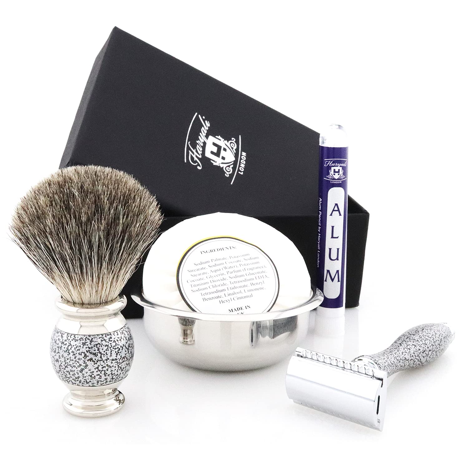 Haryali London Shaving Kit – 5 Pc Shaving Kit – Double Edge Safety Razor - Synthetic Hair Shaving Brush – Shaving Soap – Shaving Bowl – Alum - Antique Silver Color Shaving Set