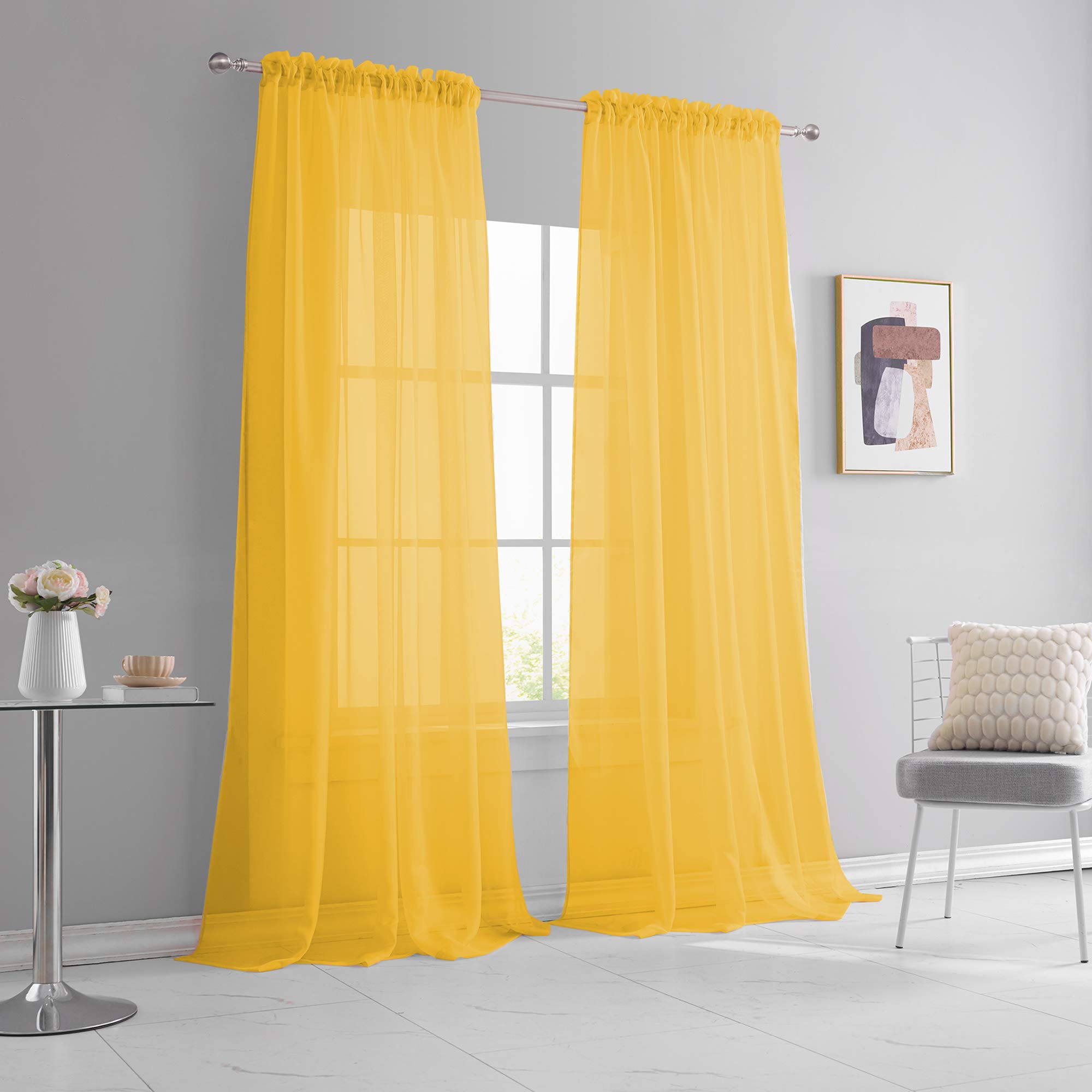 KEQIAOSUOCAI Gold Yellow Sheer Curtains 108 Inches Long Bedroom Extra Long Dark Yellow Sheer Voile Rod Pocket Drapes Panels for Living Room Kids Baby Room 2 Pieces Each is 52x108