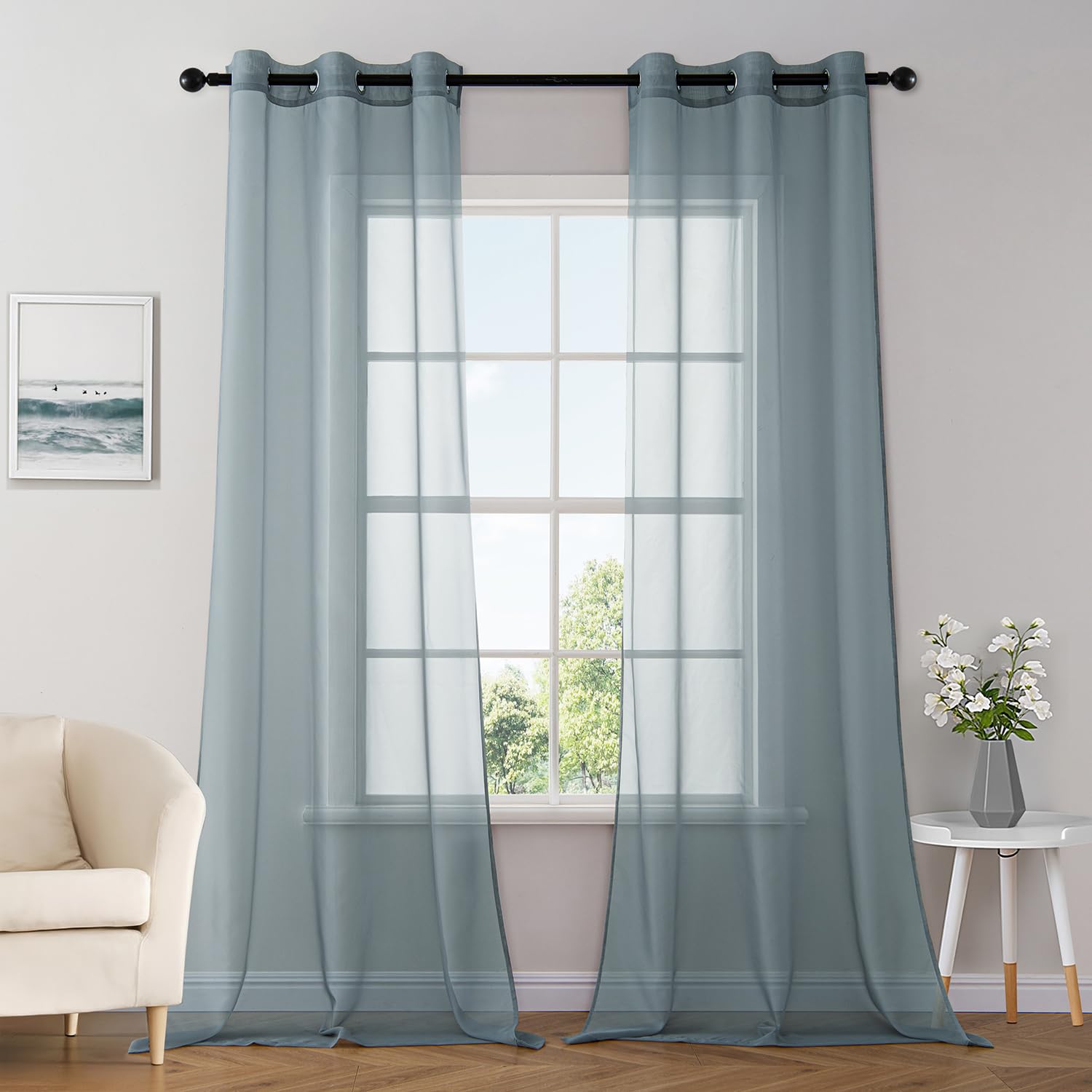 Photo 1 of MIULEE Solid Color Sheer Curtains 96 Inches Long 2 Panels Set - Elegant Lightweight Grommet Light Filtering Window Voile Panels/Drapes/Treatment for Bedroom Living Room W42 x L96 Inch, Dusty Blue