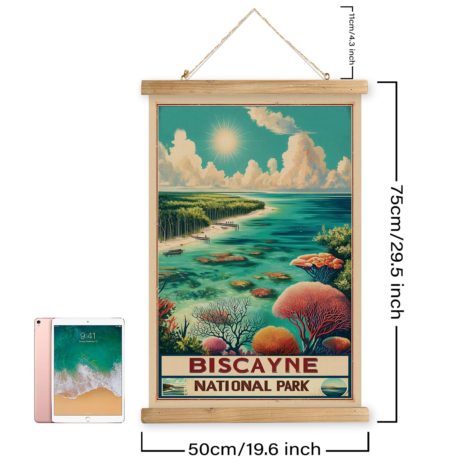 Condition photo showing New/Like New for xiaoaika vintage biscayne national park travel poster with wooden scroll frame – holiday decoration