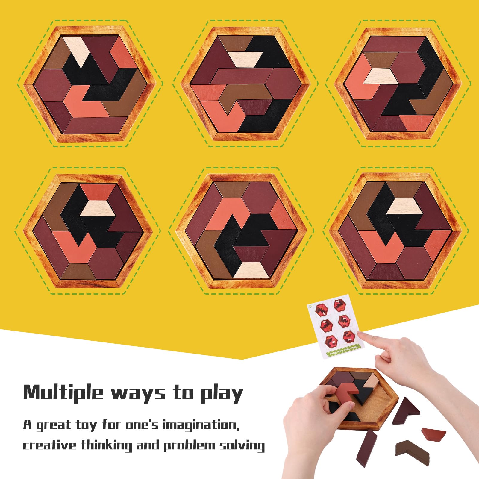 3 otters Hexagon Tangram Puzzle, Wooden Brain Puzzles Challenging Wooden Brain Teasers Puzzle Games Brain Games for Kids Family Party Gift