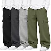 Yooo's Vivi 4 Pack Boys Cargo Sweatpants Baggy Pants | Teen Wide Leg Stretchy Pants with Pockets, Kids Pull on Open Bottom Joggers, Drawstring Elastic Waist Sweat Pants, Size 5-14y