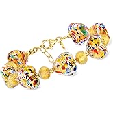 Ross-Simons Italian Multicolored Murano Glass Heart-Shaped Bead Bracelet With 18kt Gold Over Sterling. 7 inches