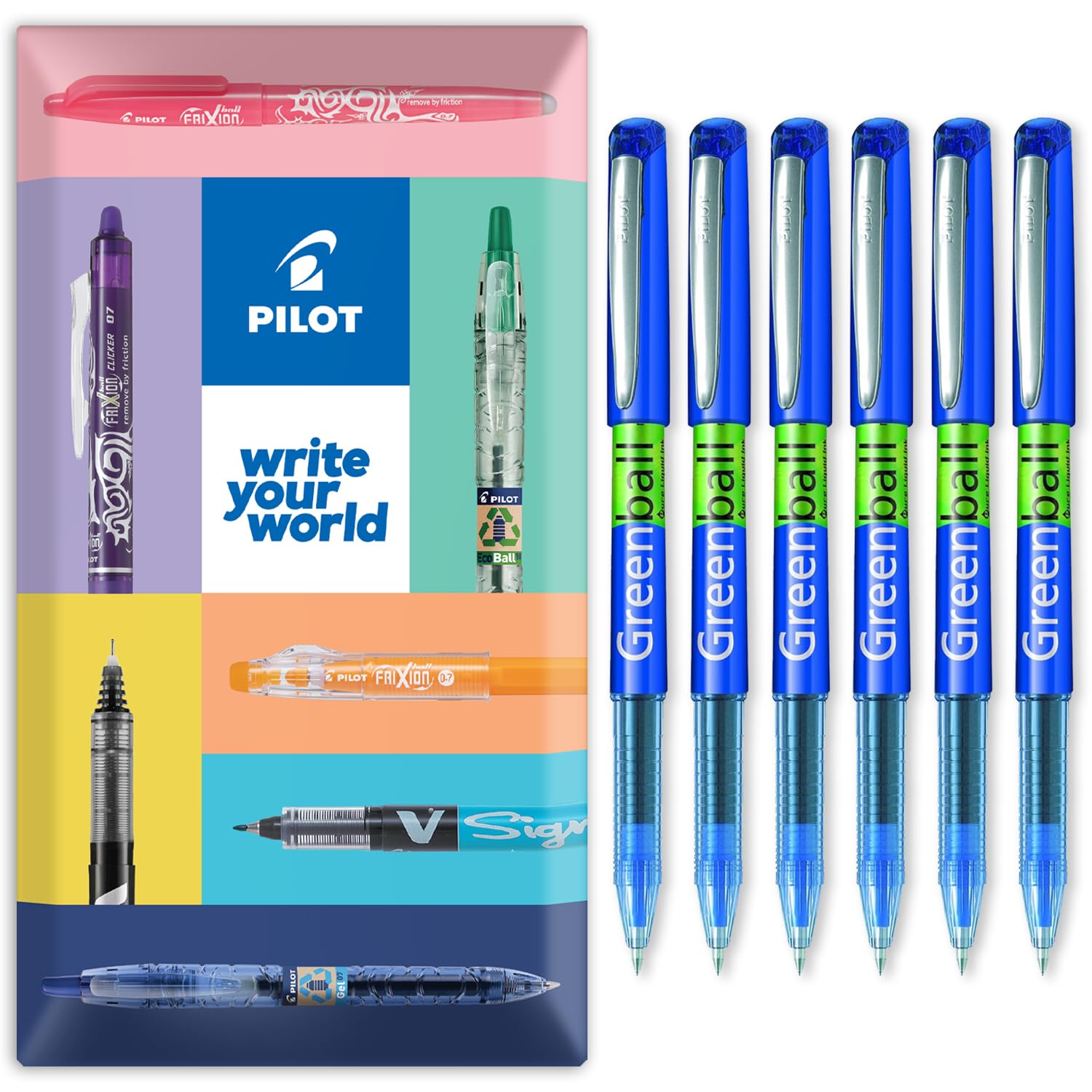 PILOT GreenBall Liquid Ink Rollerball Pen - Begreen Range 89% Recycled - Pack of 6 Pens - Medium 0.7mm Nib - Ideal for Writing, School, Home, Revision, Office - In Envelope Gift Pack (Blue)