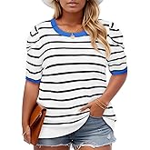 Beautife Womens Plus Size Short Puff Sleeve Sweater Tops Lightweight Striped T Shirts Summer Casual Crew Neck Knit Pullover Blue