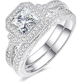 AVECON 1.2CT Princess Cut Engagement Ring for Women, Wedding Promise Cubic Zirconia Band, Halo White Gold Plated Bridal Ring Set, Size 5-10