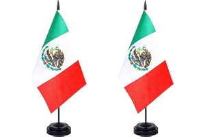 JBSJBS Mexico Desk Flag 12" Solid Pole Deluxe Set Mexican Flags Banner Mini Small Mexico Office Table Flags with Black Stand Base Desktop Decorations(2Pack)