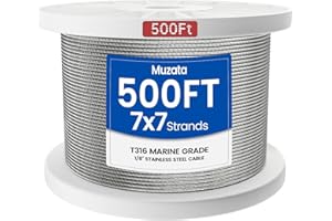 Muzata 500 ft 1/8" Stainless Steel Cable Railing System Hardware T316 Stainless Steel Wire Rope 7x7 Strands 1800 lb Breaking Strength Deck Cable Railing Kit for Indoor Outdoor Coastal WR02
