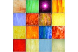 wecrejoni 16 Sheets Variety Stained Glass Sheets, 4 X 4 inch Large Cathedral Glass Mosaic Tiles for Crafts,Art Glass Kit, Stained Glass Supplies,Transparent,Opaque, Mix
