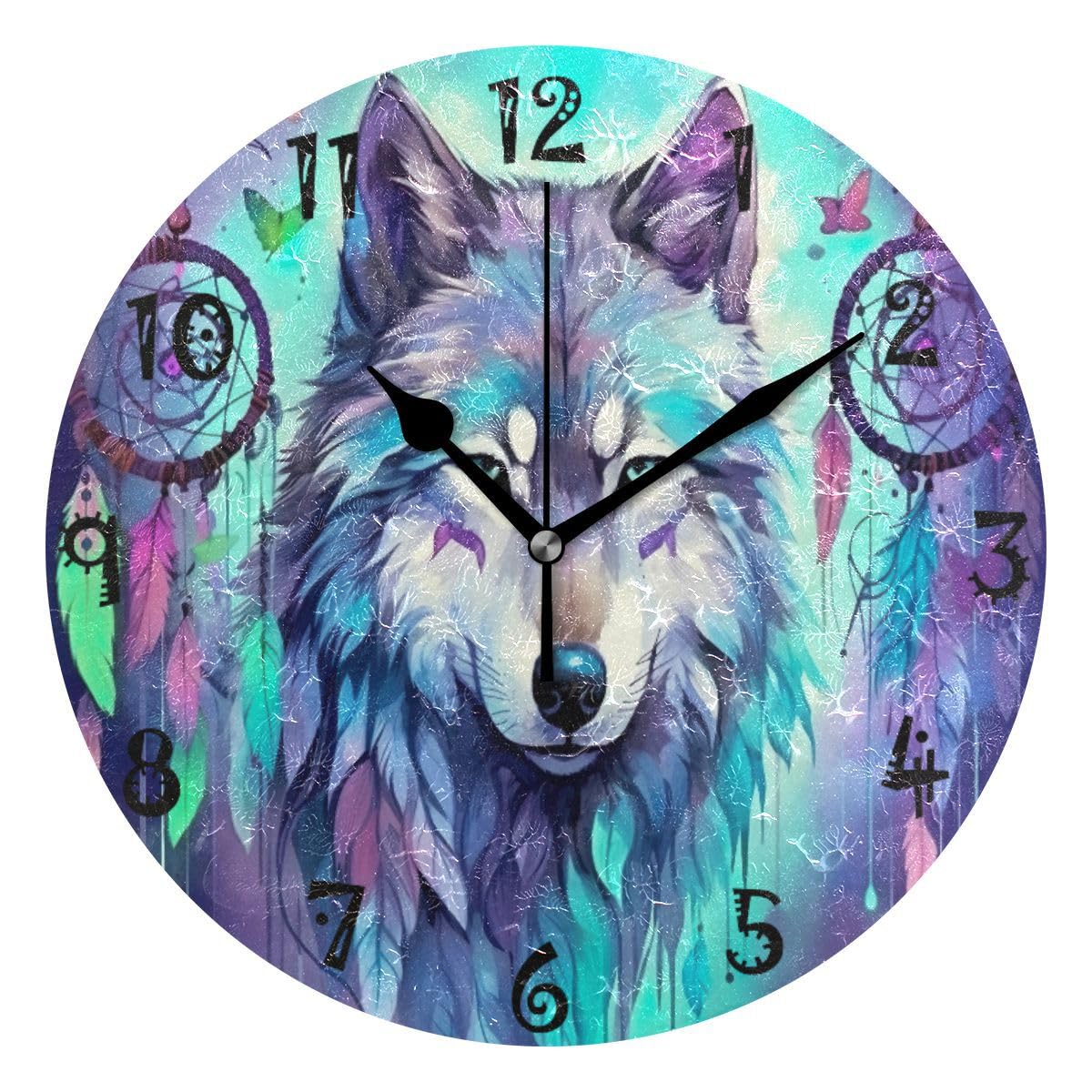 JUMPBEAR 25cm / 10 Inch Diameter Silent Non ticking Round Wall Clock Home Arabic Numerals Watercolor Wolf Ethnic Dream Catcher Design Decorative Creative Clock