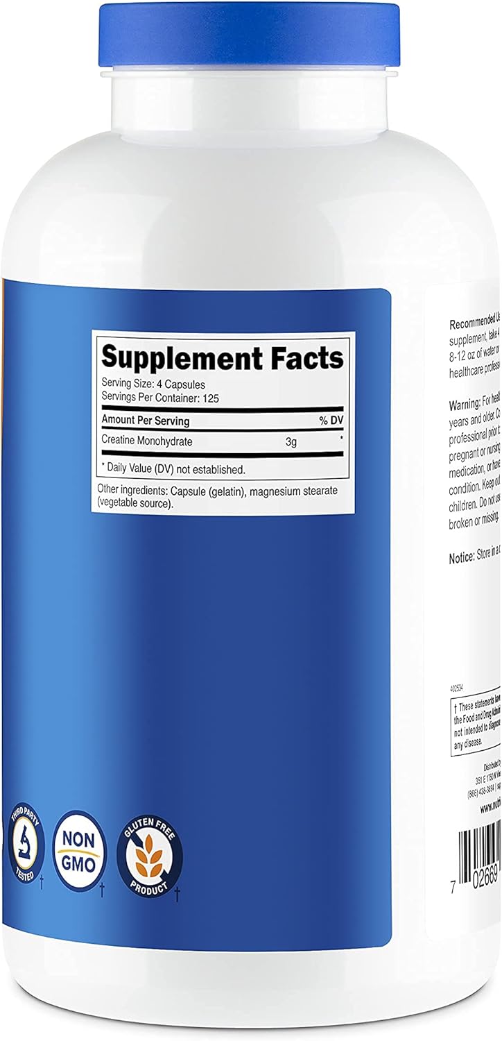 Nutricost Creatine Monohydrate 3,000mg (750mg Per Capsule) 500 Capsules, 125 Servings: Health & Personal Care