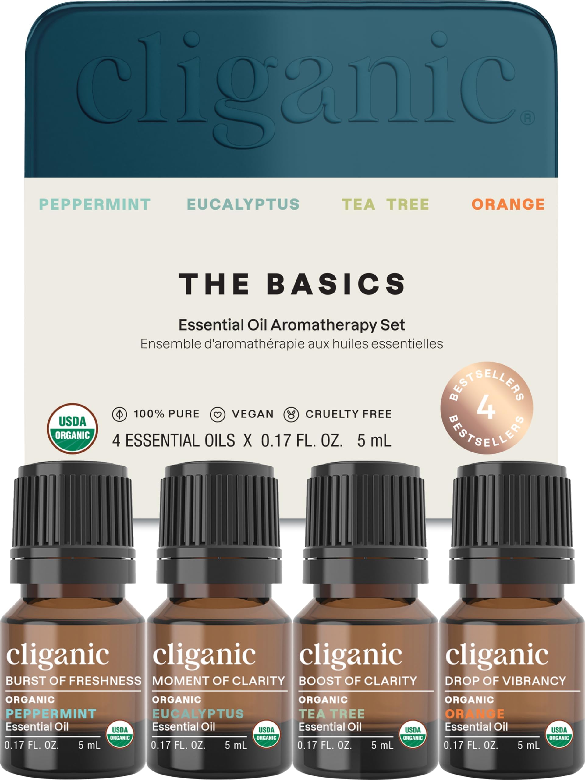 Photo 1 of (MISSING ONE) Cliganic Organic Essential Oils Gift Set (Top 4 - The Basics), 100% Pure Natural Aromatherapy - Peppermint, Eucalyptus, Tea Tree & Orange