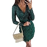 SEMATOMALA Women's Wrap V Neck Long Sleeve Pencil Mini Dress Sequin Top Fringe Skirt Flapper Cocktail Short Dress