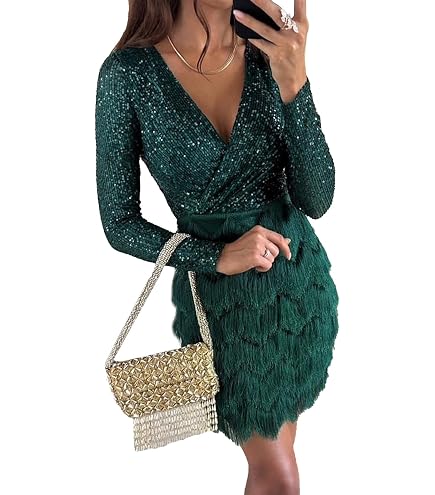 Generic Women'S Sexy Sequin Long Sleeve Bodycon Fringe Dress V Neck Solid Ruched Tassels Mini Dresses Club Party Cocktail (Small,Apricot) : Clothing, Shoes & Jewelry