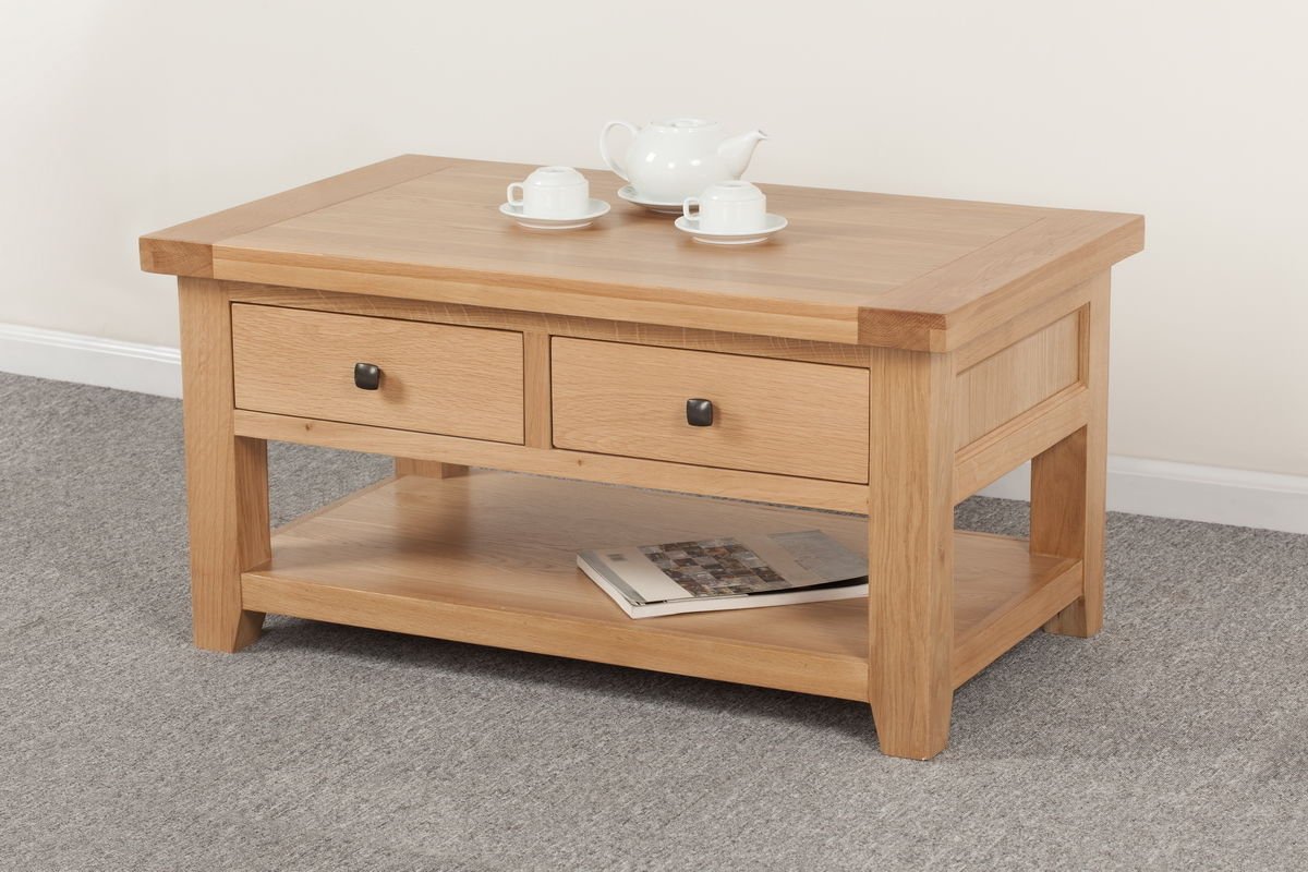 Earslwood Solid Wood Chunky Oak Coffee Table Drawers Light Oak H