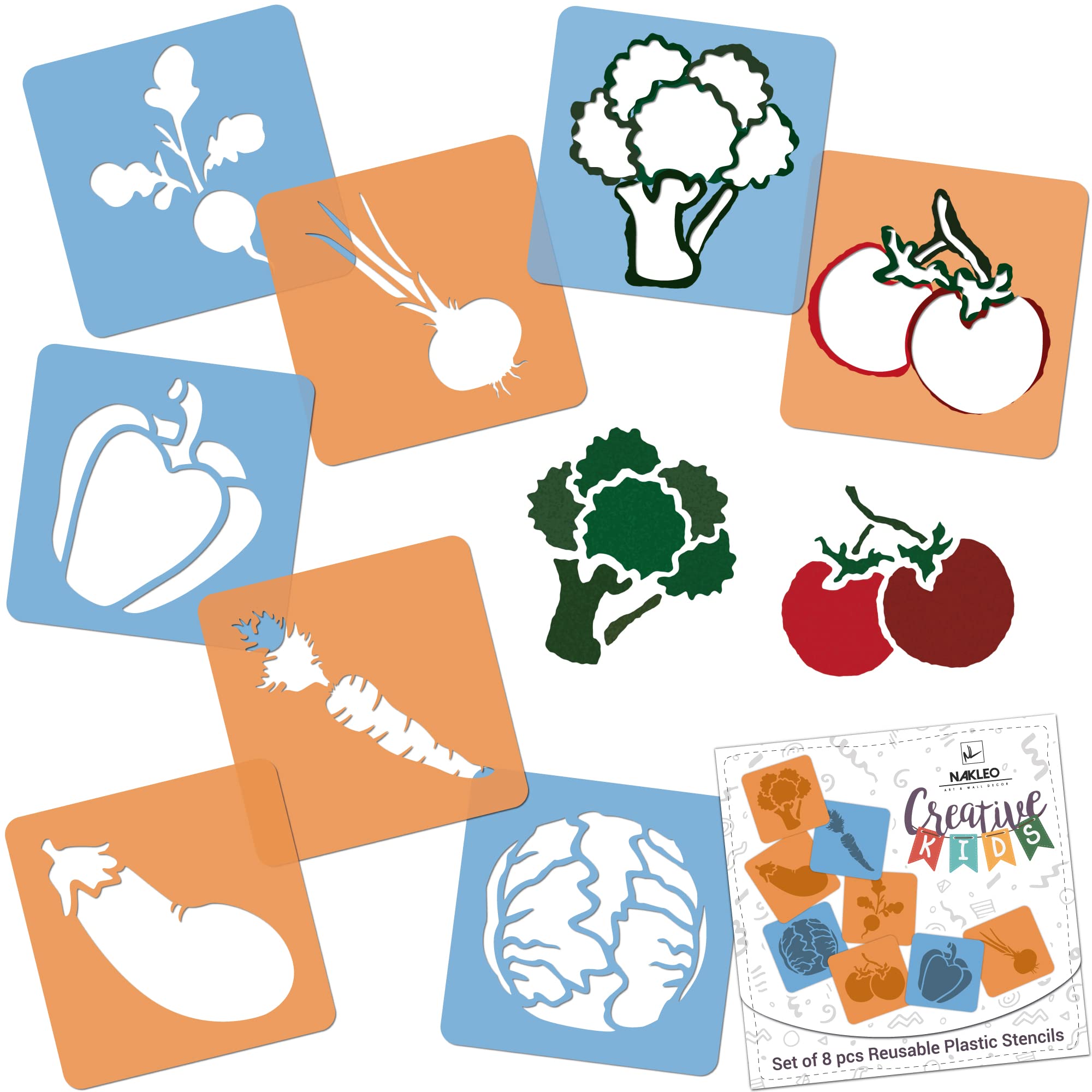 NAKLEO Painting Stencils for Kids, 8 Pcs Set 15x15cm Vegetables, Children Creative Drawing Templates Plastic and Reusable, DIY Decoration Arts and Crafts, Paper Wall Wood Fabric