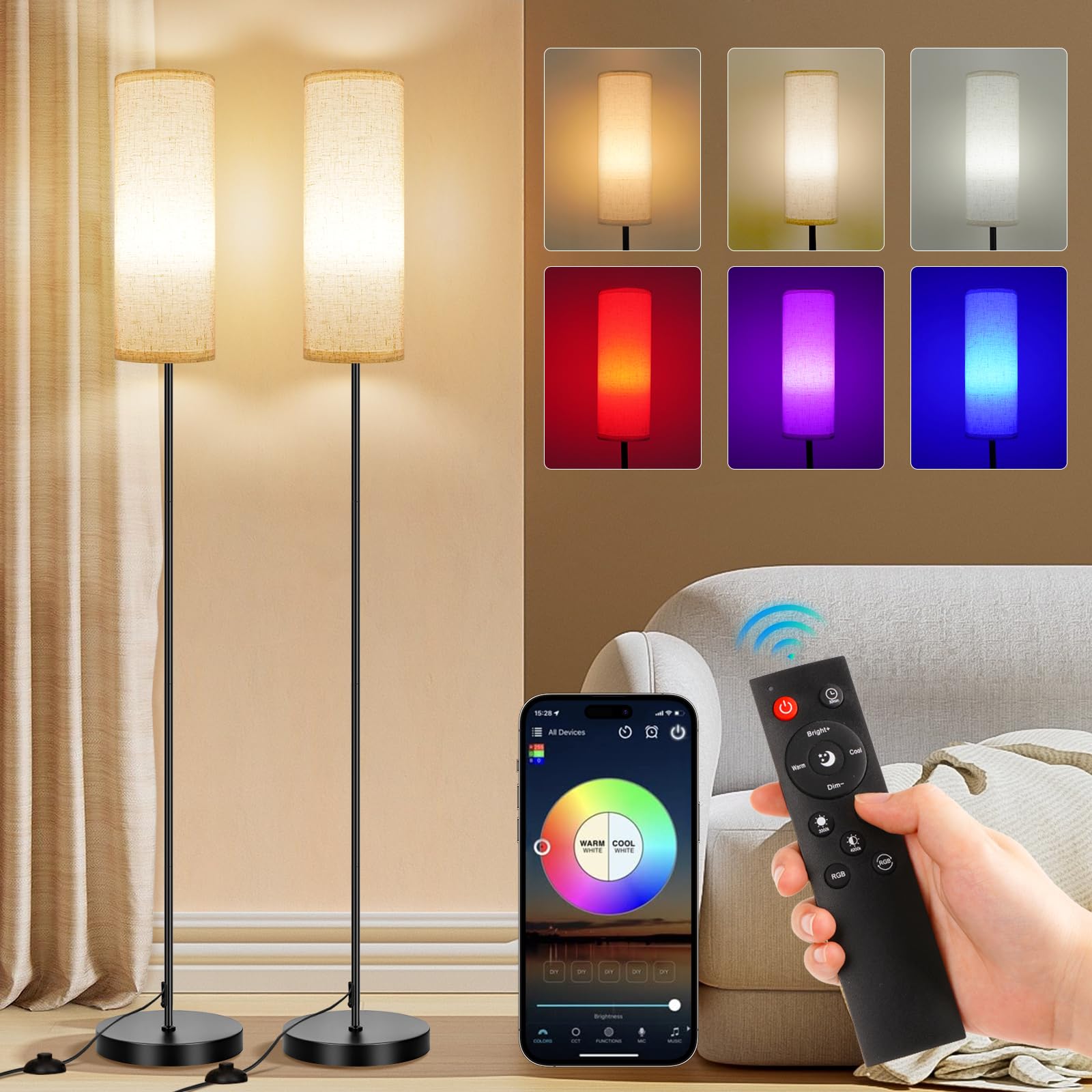 Photo 1 of FRIDEKO HOME 2 Pack Floor Lamps for Living Room, Dimmable Colors Temperature & Brightness, Modern Floor Lamp with Remote, Tall Standing Lamps for Living Room Bedroom Office, Beige Shade 9W RGB Bulb