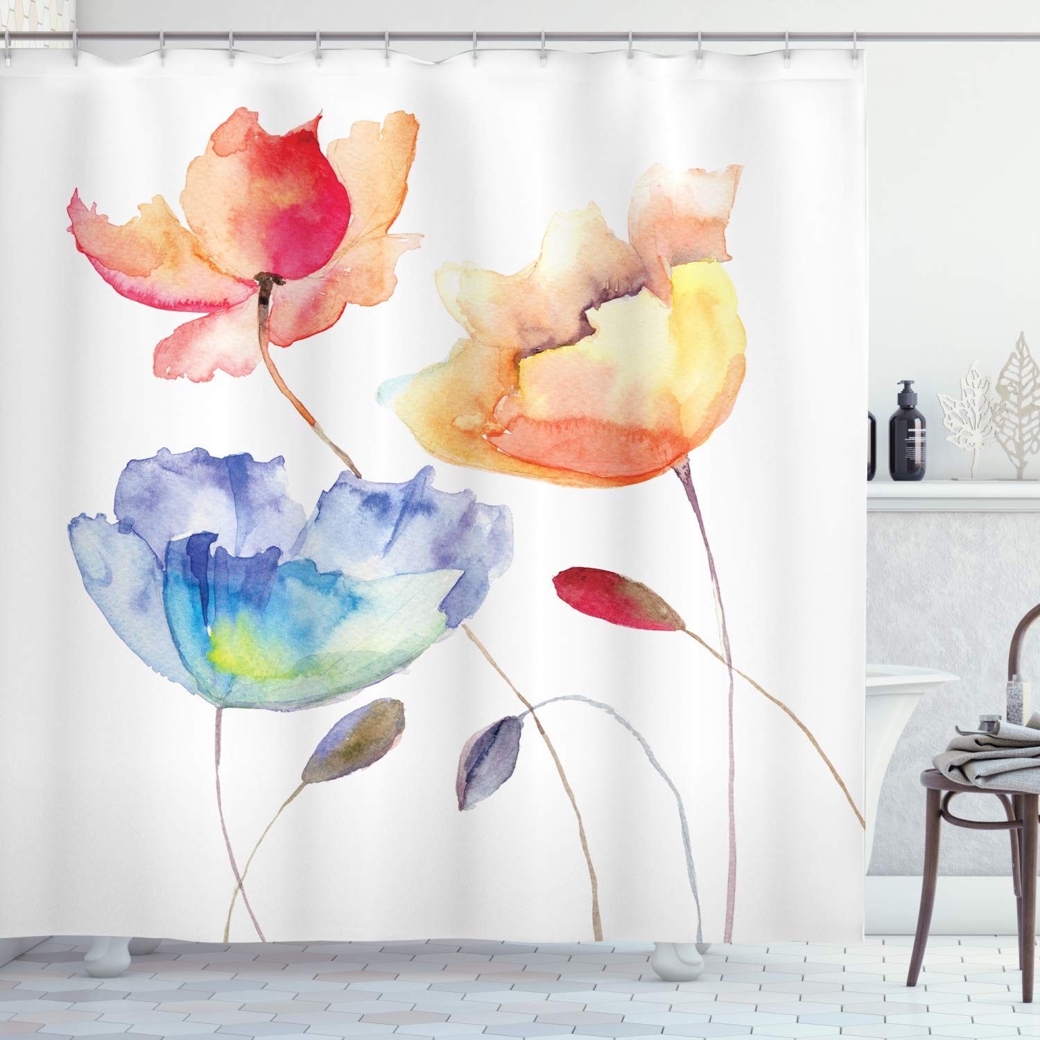 ABAKUHAUS Watercolor Flower Shower Curtain, Summer Flowers in Retro Style Painting Effect Nature is Art, Cloth Fabric Bathroom Decor Set with Hooks, 175 x 240 cm, Orange Blue Red