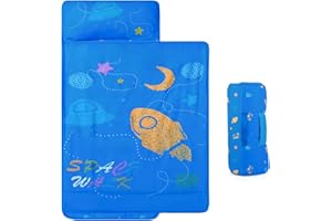 BELLA'S FRIENDS Toddler Nap Mat with Blanket and Removable Pillow, 51"x20" Kids Sleeping Mat, Easy to Roll Up, Lightweight and Portable Slumber Bag for Preschool Kindergarten Daycare Travel Camping, Blue