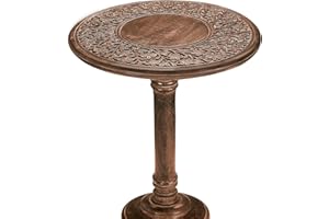 Wooden End Table for Living Room - 18x22 Burnt Finish Carved Side Table, Single Pillar Nightstand, Bedside Table for Books, P