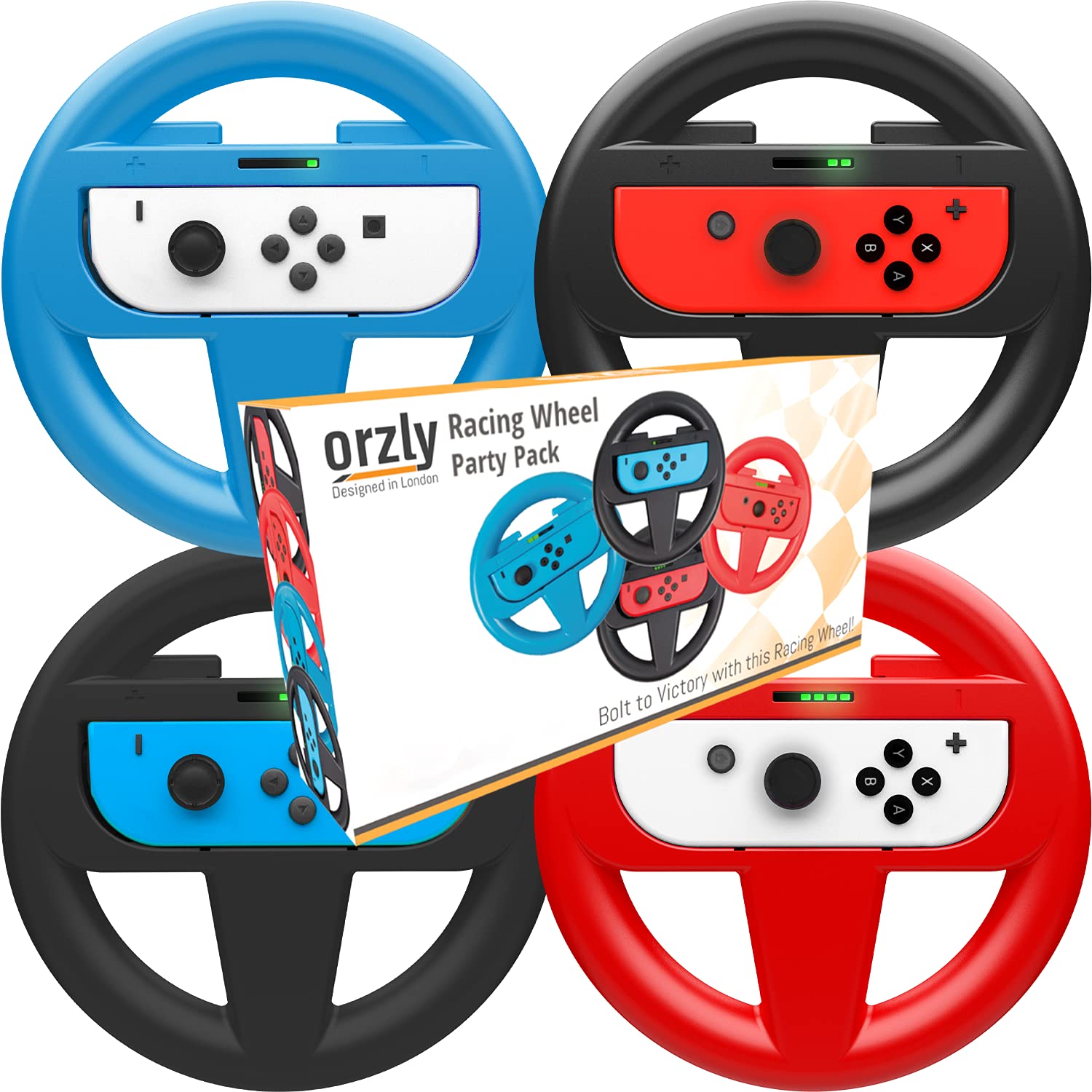 Photo 1 of Orzly Nintendo Switch & OLED Console Steering Wheel, 4 Pack, for Mario Kart 8 Deluxe Nintendo Switch, Mariokart Switch Steering Wheel (Joycon Controller Attachments) (2X Black, 1x Wheel, 1x Red)