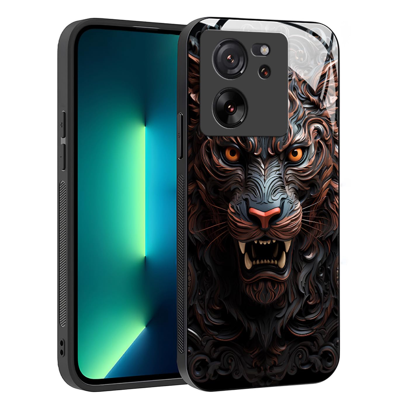 YUXING Slim Case for Xiaomi 13T / Xiaomi 13T Pro - Abstact Art Geometry Pattern Design Anti-scratch Glass Back Cover, Anti-slip Shockproof Bumper Case (Tiger)