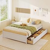 KOMFOTT Queen Size Wood Bed Frame with 2 Rolling Storage Drawers, Wooden Platform Bed Frame, Mattress Foundation with Wooden Slats Support, No Box Spring Needed (White)