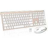 Wireless Keyboard Mouse, Jelly Comb 2.4GHz Ultra Slim Full Size Rechargeable Wireless Keyboard and Mouse Combo for Windows, Laptop, Notebook, PC, Desktop, Computer (White and Gold)