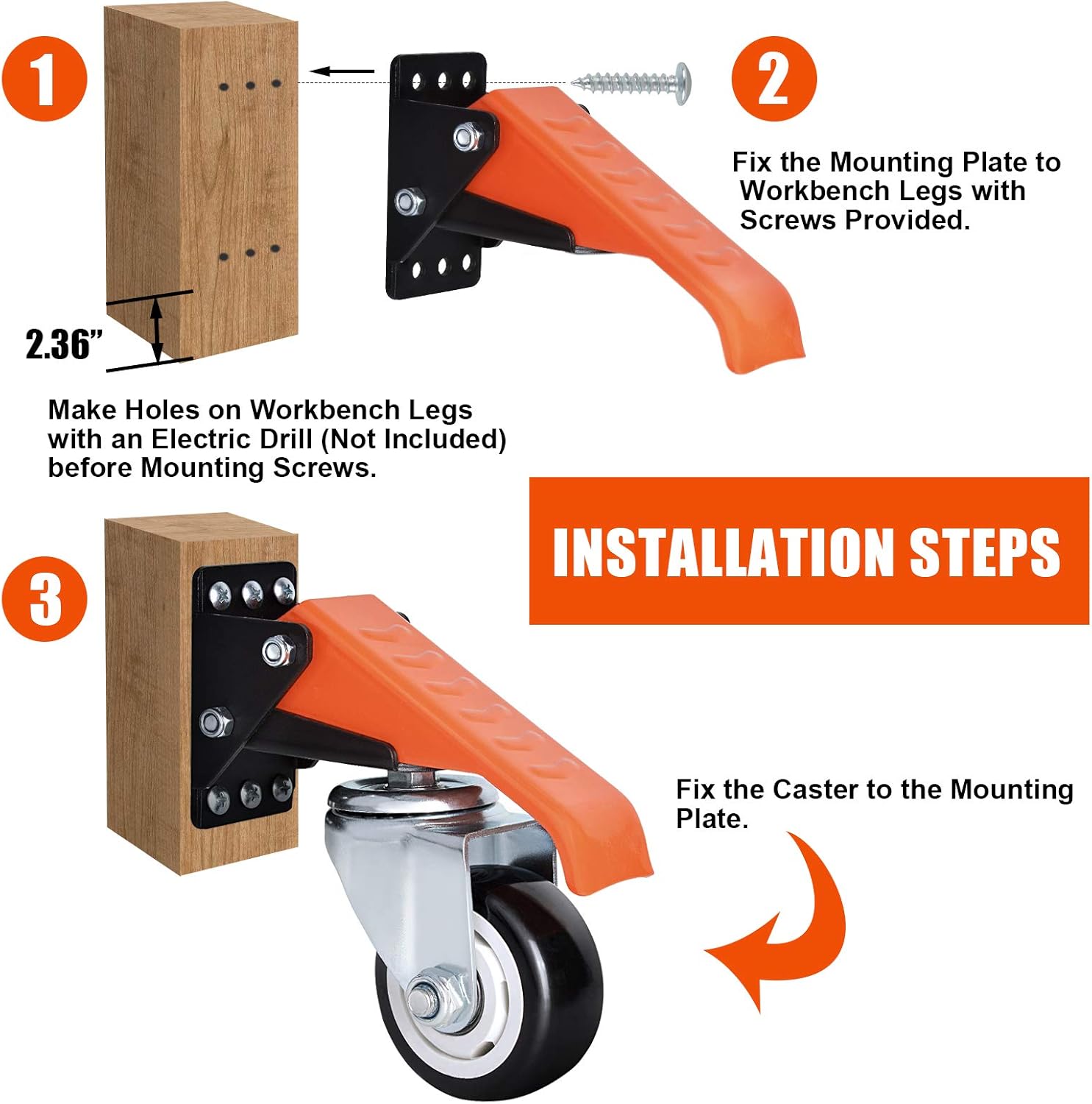 Ronlap Workbench Casters Kit 880 Lbs Capacity, 3" Extra Heavy Duty Retractable Casters 4 Pack, Side Mounted Adjustable Table Stepdown Casters - - 