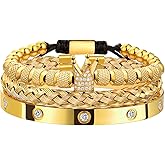 WFYOU 3PCS Stainless Steel Bracelets for Men Gold Roman Numeral Bangle Bracelet Twisted Cable Bracelet Adjustable Cuff Bracelet Mens Luxury Jewelry Bracelets Gifts