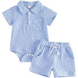 Karuedoo Newborn Infant Baby Boy Summer Outfits Gingham Plaid Button Short Sleeve Collared Polo Romper Top and Shorts Set