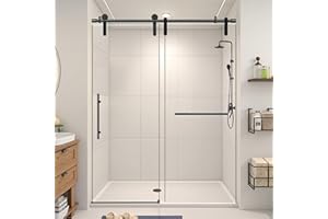 Lyngins Frameless Shower Door 56-60" W x 76" H, Sliding Shower Door with 5/16" (8mm) Easy-to-Clean Treated SGCC Tempered Glass, Anti-Rust Stainless Steel Hardware, Matte Black