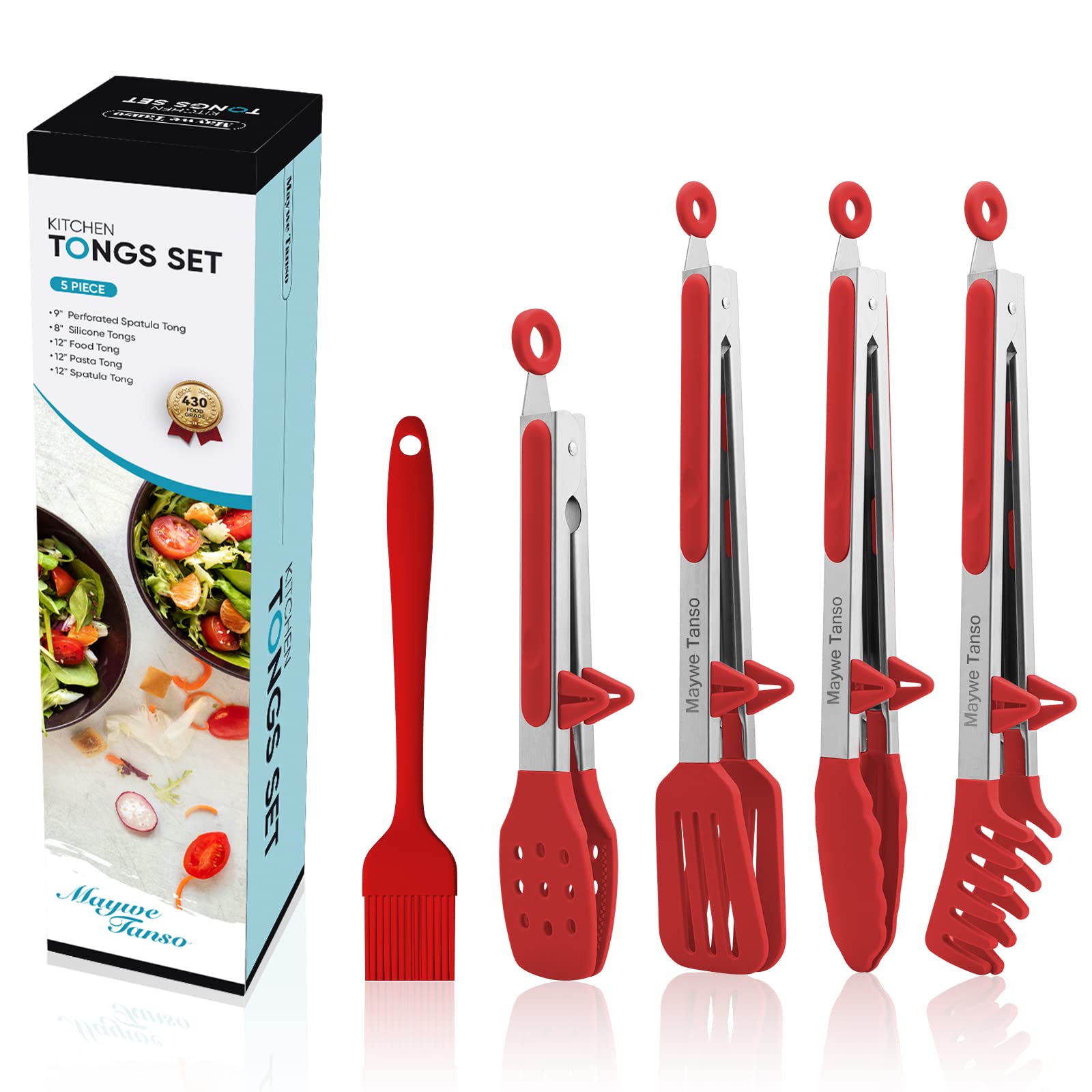 5-Pack Silicone Tongs for Cooking, 4PCS 13-Inch Cooking Kitchen Tongs with Silicone Tips,Nonstick Stainless Steel Tong for Steak Pie Pizza Pasta Spaghetti Salad BBQ Buffet,Plus Brush