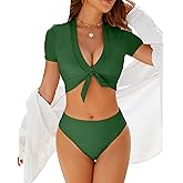 Jolefille Tankini Swimsuits for Women 2 Piece Tummy Control Bathing Suit High Waisted Bikini Sets Short Sleeves Full Coverage