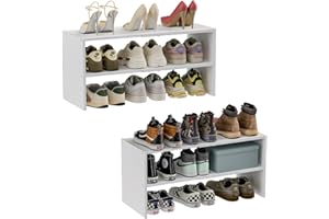 CIDAZIYA 2 Pack White Shoe Rack for Closet, 2-Tier Expandable Small Shoe Shelf, Stackable Iron Wood Combination Shoe Organizer Racks Shelves for Closets, Entryway, Hallway, Garage, Holds 12-24 Pairs