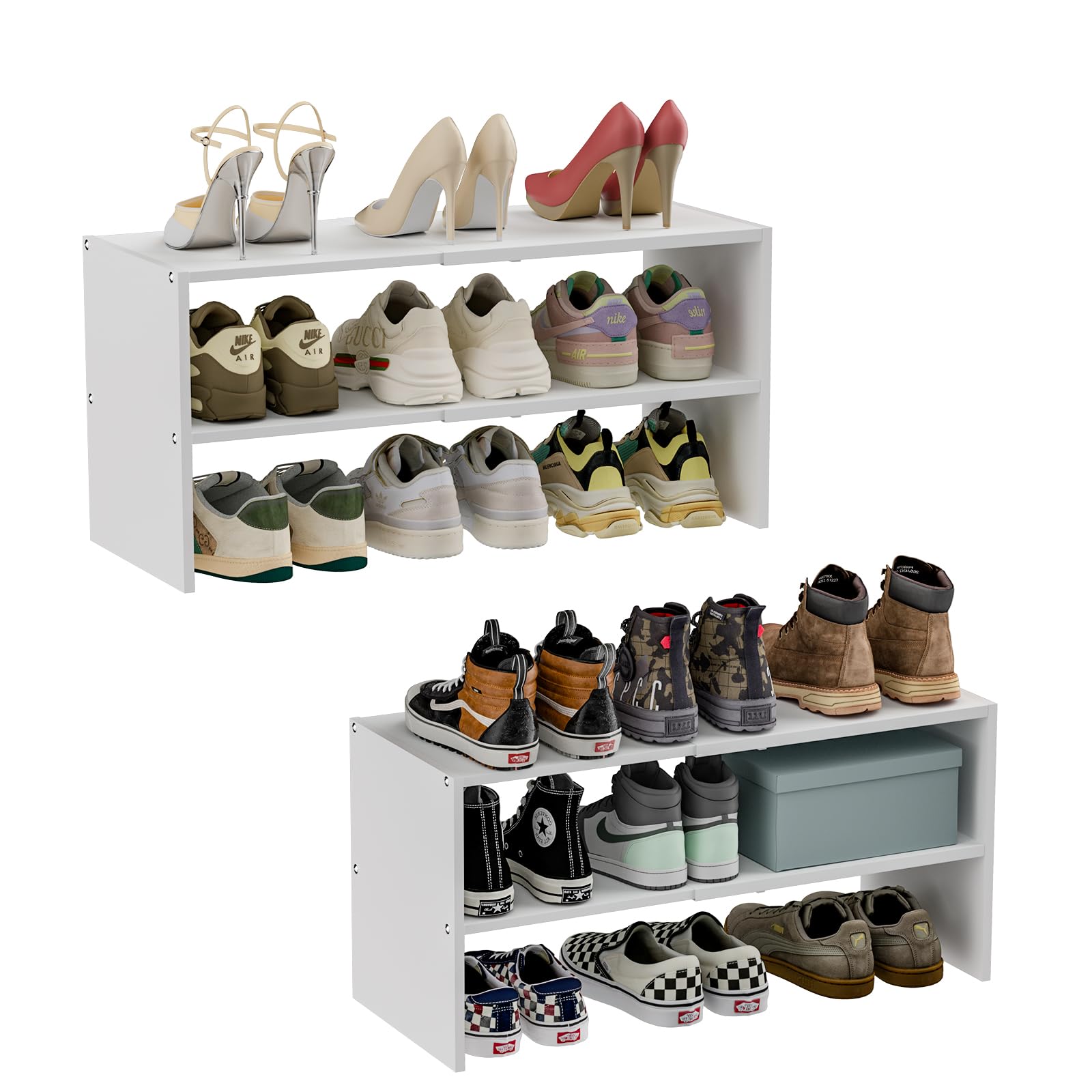 Photo 1 of 2 Pack White Shoe Rack for Closet, 2-Tier Expandable Small Shoe Shelf, Stackable Iron Wood Combination Shoe Organizer Racks Shelves for Closets, Entryway, Hallway, Garage, Holds 15-24 Pairs