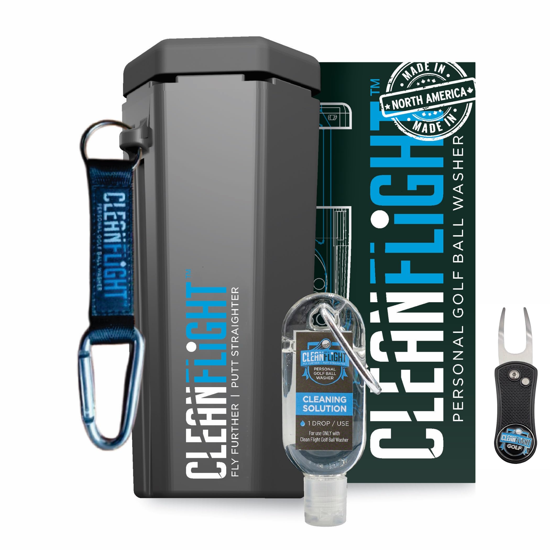 Clean Flight Premium Golf Ball Washer - Portable Cleaner for Golf Bag or Cart and Divot Tool Combo Pack - Best Golf Accessories Gifts for Men & Women.