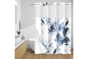 WITHLOC No Hook Shower Curtain with Snap in Liner - Floral Shower Curtain - Fabric Waterproof Inner Liner, Plants Navy Blue Flowers Modern Cloth Shower Curtains - Machine Washable, 71 x 74