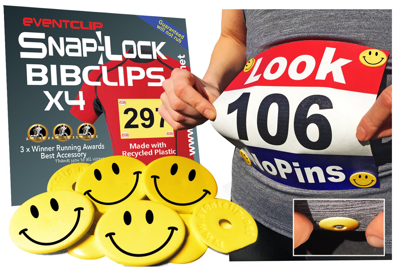 Race BibClips X 4 - Smile. Proven Snap-Lock for Securing Running and Cycling Numbers. Made in the UK with Recycled Plastic. EventClips Since 2009 Far Better Than Magnets. Fed up with Safety Pins?