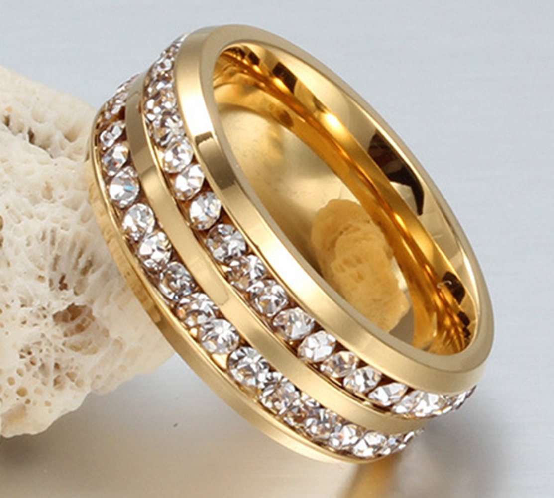 Mens Womens Promise Ring 8MM Titanium Stainless Steel Gold Plated CZ Channel Set Promise Band Size 6-13