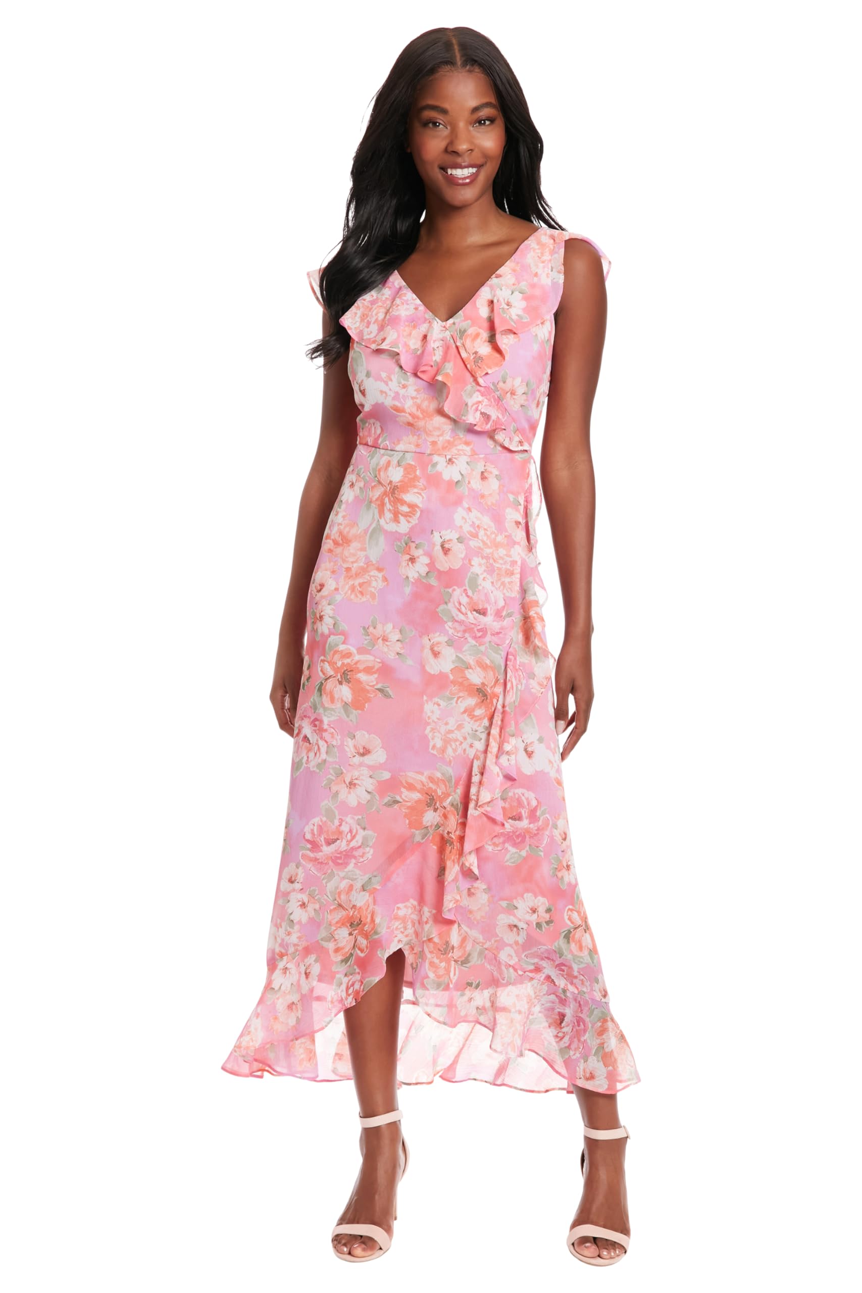 London Times Women’s Dresses Chiffon Faux Wrap Ruffle Maxi Dress Guest of Wedding, Sunrise Floral – Pink, 10