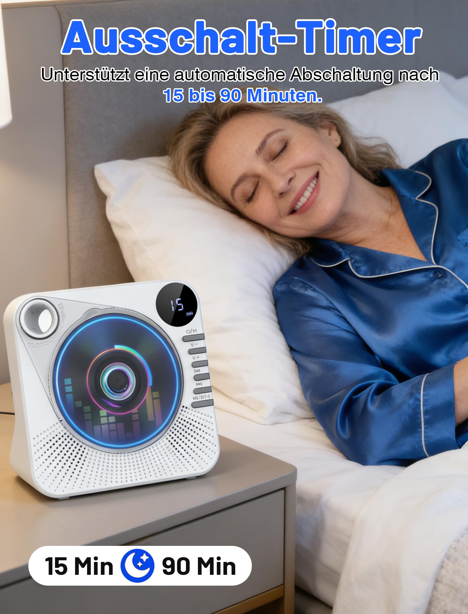 Tragbarer CD-Player 4000mAh Wiederaufladbar, Bluetooth 5.1 mit Stereo-Lautsprechern, Fernbedienung, Staubschutz-Schiebedeckel, Anti-Skip, AUX/USB, CD Spieler für Zuhause & Unterwegs - Weiß 8