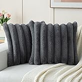 FUTEI Dark Grey Decorative Throw Pillow Covers 18x18 Inch Set of 2, Square Soft Faux Rabbit Fur Big Striped Cushion Cover,Home Decor for Couch Sofa Bed Living Room