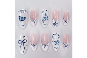 WBRRFJJ 24Pcs Blue Flower Press on Nails Medium Almond French Tip Fake Nails with Bow Design White Glossy False Nails Full Cover Artificial Glue on Nails Spring Summer Stick on Nails for Women DIY Manicure