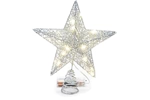 Emopeak 20 LED Christmas Tree Topper, 8 x 10 Inch Indoor Iron Art Star Treetop Light, Two Modes (Keep Light ON/Flash) (Silver, 8"/20CM)