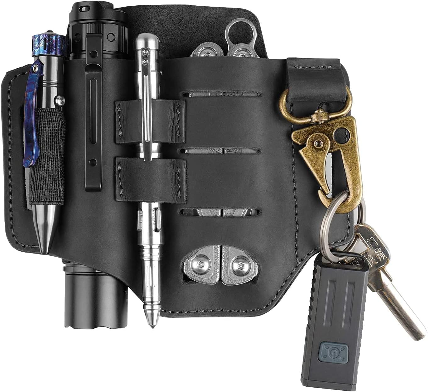 VIPERADE PJ16 EDC Leather Sheath for Belt, Flashlight Knife Holster, EDC Multitool Leather Sheath for Men, Pocket Organizer with Keychain for Flashlight Knife Pen(Black)
