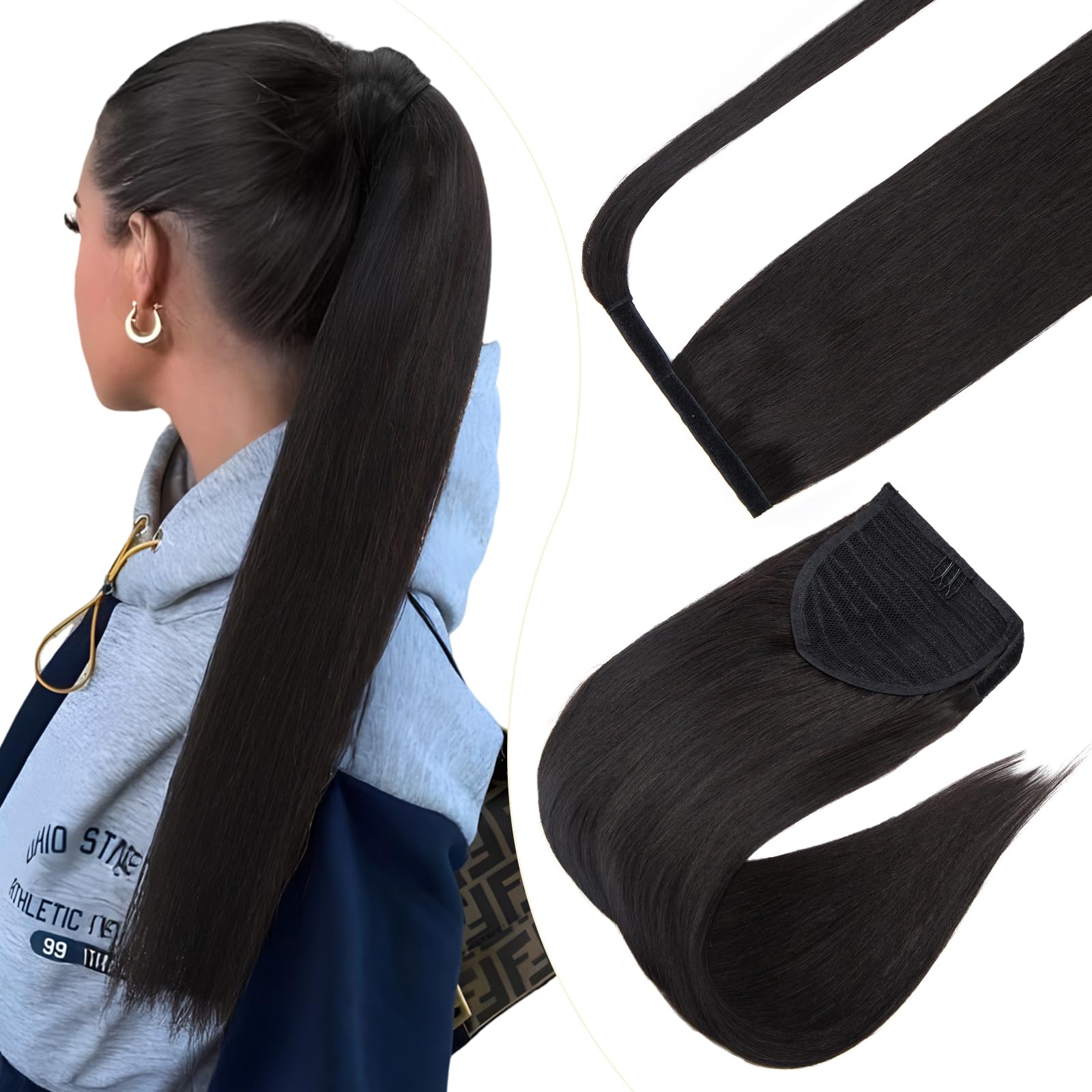 Elailite Ponytail Hair Extensions Human Hair Hair Piece 100% Real Remy Hair - Wrap Around Clip in Straight (#1B Natural Black, 20 inches) — image 1