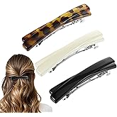 3 Pcs 2.56 Inch French Barrette Hair Clips for Women, Small Tortoise Shell Hair Clip, Curved Glossy Thin Hair Flat Hair Accessories for Women Girls(Black, White, Leopard Color)